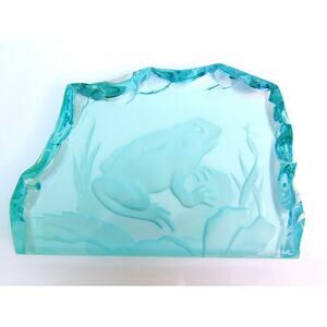 Etched Art Glass Artist Signed Scrivner FROG & BUG IN POND Plaque Paperweight!